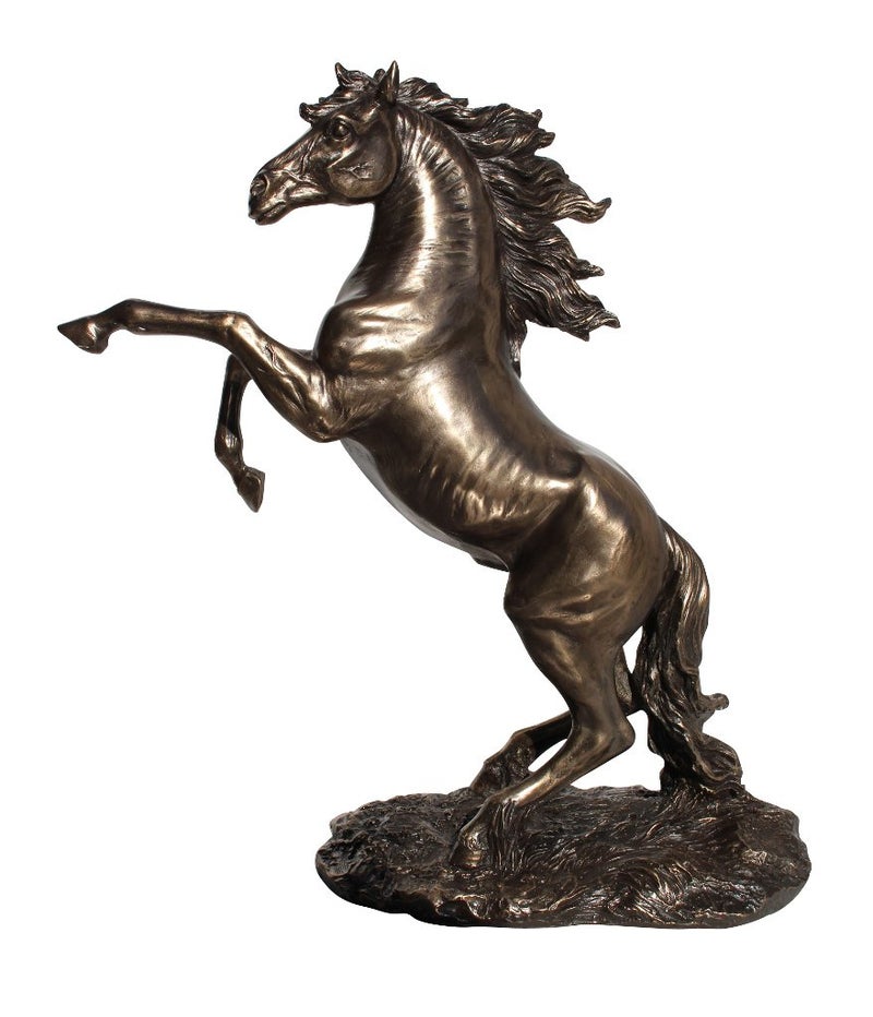 US 12.38 Inch Rearing Stallion Cold Cast Statue Figurine, Bronze Color - Image 1